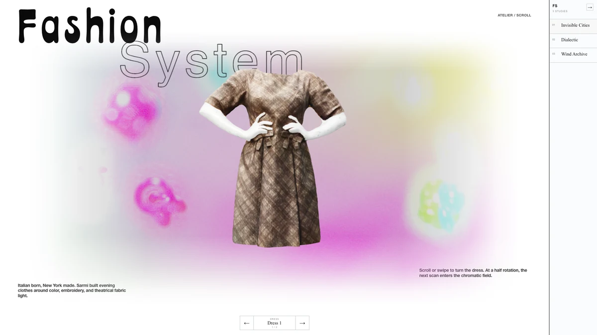 Fashion System Invisible Cities study with the original dress floating in a pastel chromatic WebGL field
